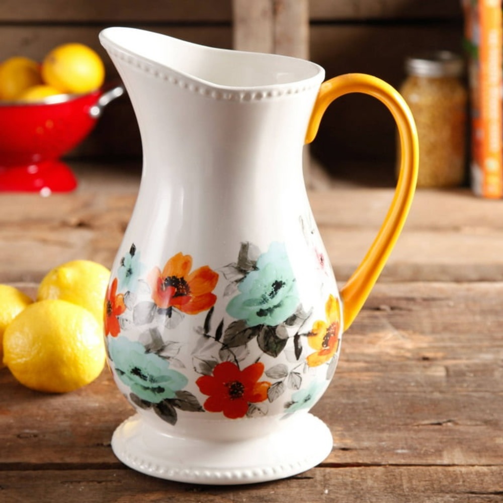 Pioneer Woman Flea Market Stoneware Floral 2 Quart Pitcher White Red Teal Blue - Picture 2 of 9